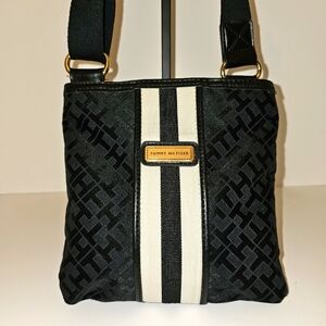 Tommy Hilfiger Monogram Logo Signature Black Canvas Crossbody Shoulder Bag Y2K